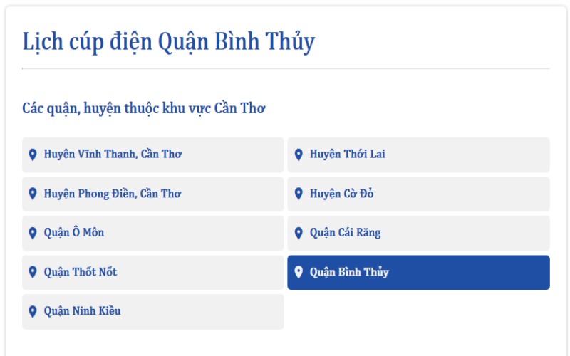 Lịch cúp điện Quận Bình Thủy hôm nay