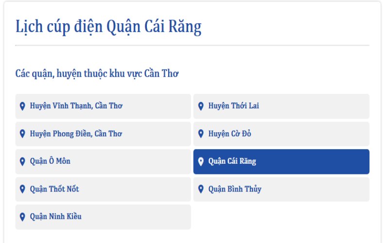 Lịch cúp điện Quận Cái Răng hôm nay 